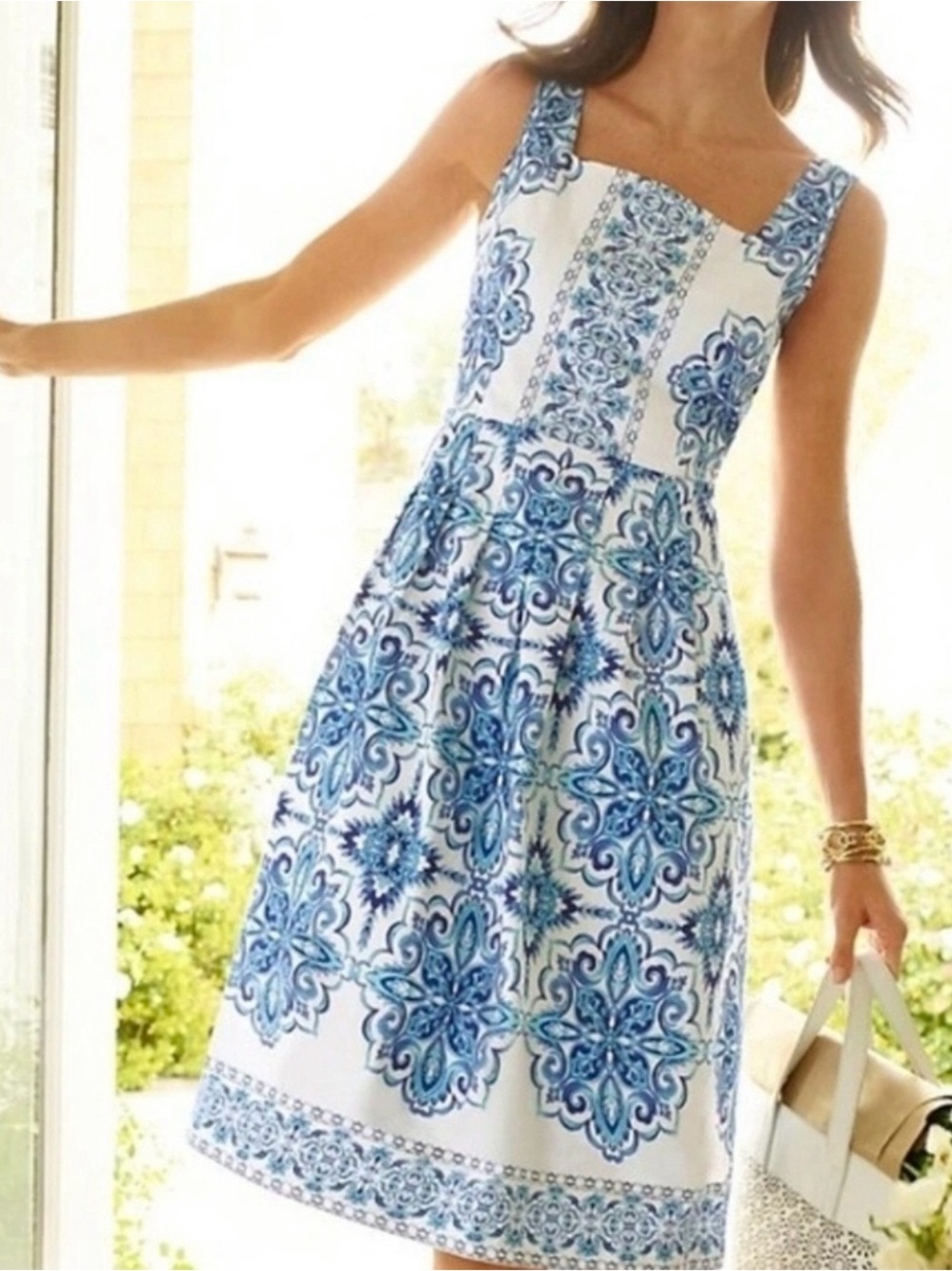 Talbots Blue and White Medallion Print Sleeveless Fit and Flare Dress Size 10